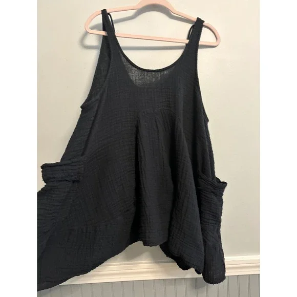 Free People Black Double Gauze 100% Cotton Oversized Tank Top with Pockets XS - Picture 3 of 9